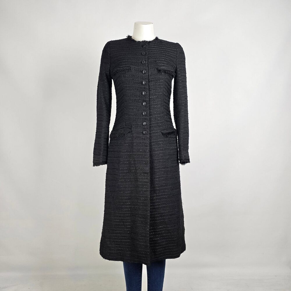 Zara Textured Black Longline Coat Size M Structured Military Button Jacket
